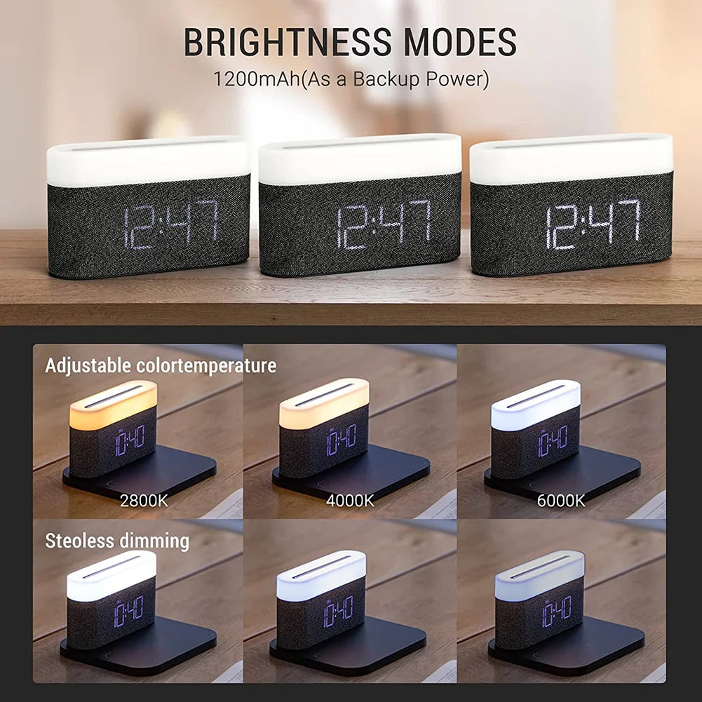 Wireless Chargers Pad Stand Alarm Bedroom Lamp Night Light Desktop Clock Temperature Thermometer Phone Fast Charging Dock