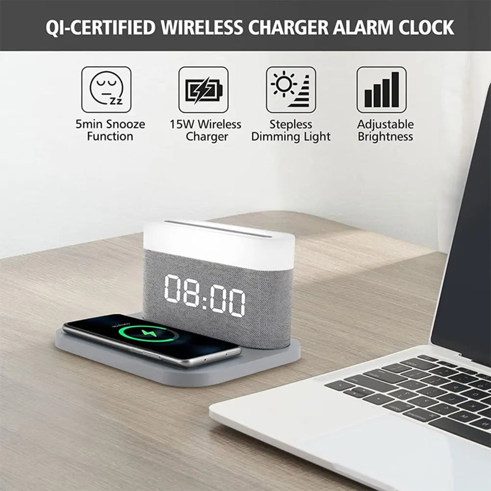 Wireless Chargers Pad Stand Alarm Bedroom Lamp Night Light Desktop Clock Temperature Thermometer Phone Fast Charging Dock