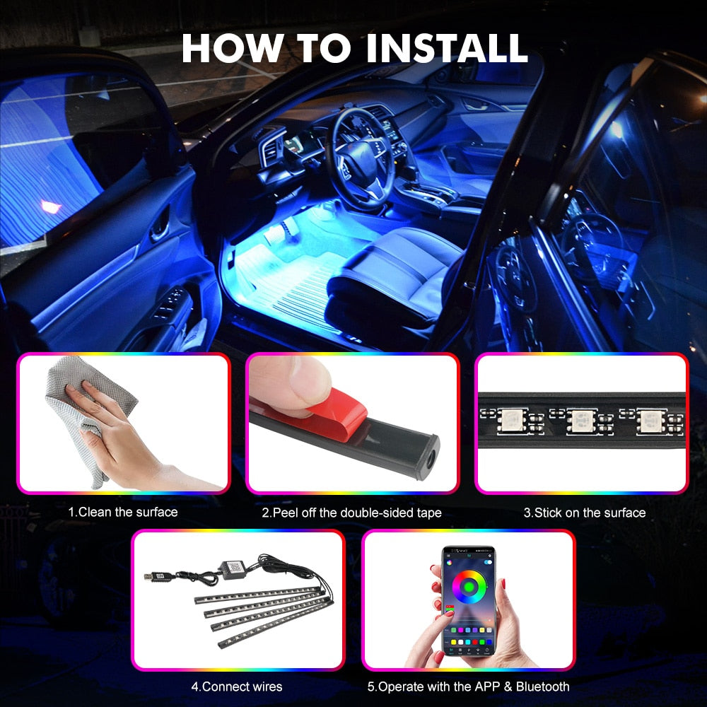 Car Ambient Light Strip 10W USB LED Car Interior Atmosphere Foot Light Decoration RGB Neon Strip with APP Voice Music Control